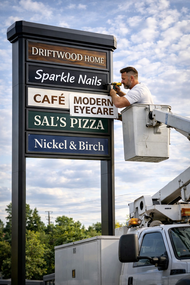 Updating the plaza pylon with store signs.