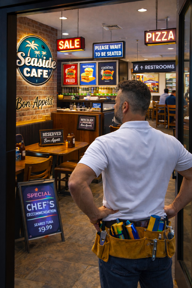 Graphic Wizards SignMaker stands in a restaurant, admiring the signs he’s installed and their impressive appearance. He’s thoroughly satisfied with his work.