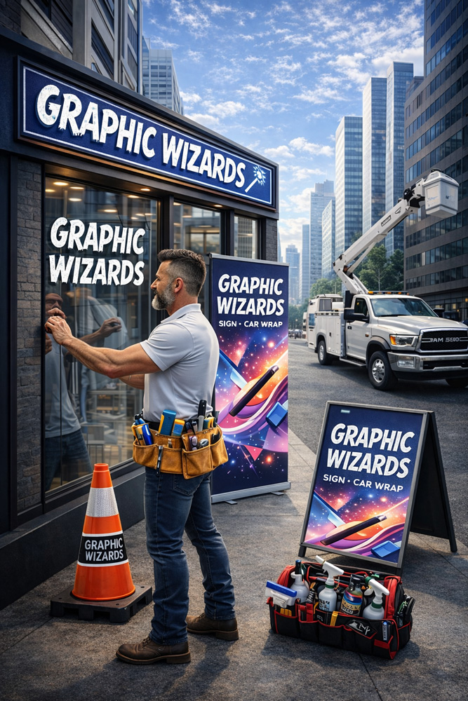 Graphic Wizards sign installer installing decals on store front, while showcasing rollup banner, sandwich board and traffic cone. In the background is bucket truck parked.
