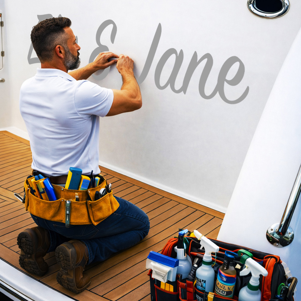 Graphic Wizards signs an installer to install a boat name on the transom.