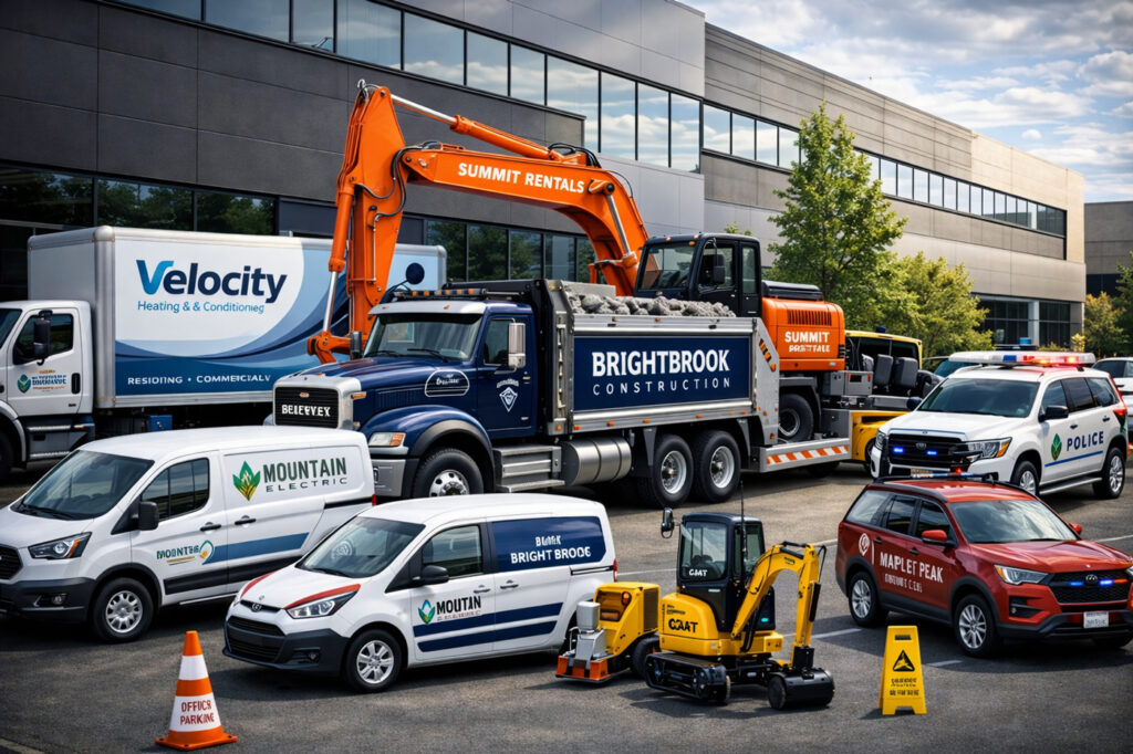 We’re showcasing our sign shop portfolio, featuring various vehicles like cars, vans, trucks, and excavators adorned with company decals.